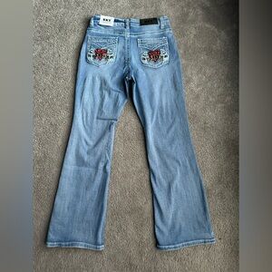 New Womens Sky Premium Flared Jeans Size 9 Angel Wings Heart Y2K Embroiderd‎ NWT